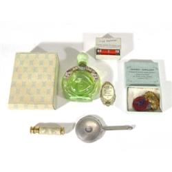 Group of items including an edwardian lavender scent bottle, boxed lipstick, silver plated hand mirr