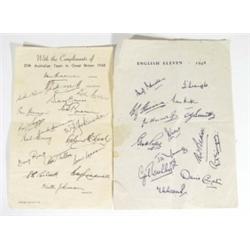 Sheet of 1948 English cricketers' autographs and a facsimile sheet with Australian team 1948 autogra