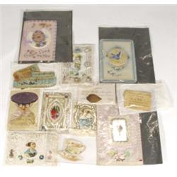 Selection of Edwardian and Victorian greetings cards, early aeroplane card, lacework and floral card