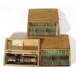 Wooden cased adjustable brass student's microscope and two cased sets of tissue and botanical slides
