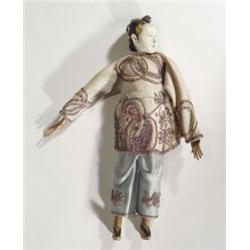 Chinese carved wooden headed doll in costume, 27cm in length