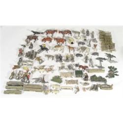 Large quanity of Britains and other hand painted lead farmyard animals, medieval knights and farmyar
