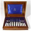 Set of six Victorian mahogany and burr walnut cased mother of pearl handled silver fruit knives and