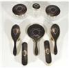 Silver, tortoiseshell and cut glass dressing table set, inlaid with swags, comprised two pots, a sce