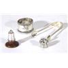 Image 1 : Silver thimble modelled as a mouse, a pair of silver sugar tongs  a napkin ring and another thimble