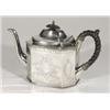 Image 1 : Victorian silver plated teapot, chased with flowers with a ropetwist wooden handle, 18cm high