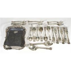Rectangular silver plated dish with swing handle and a set of six dessert spoons, forks and a pair o