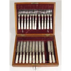 Brass inlaid mahogany cased set of 12 mother-of-pearl handled silver plated knives and forks (one kn