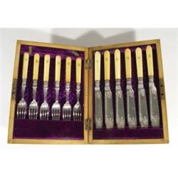 Brass inlaid mahogany cased set of six silver plated fish knives and forks with chased decoration
