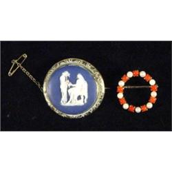 Victorian Wedgwood blue Jasperware bar brooch and a 9ct gold pearl and coral brooch