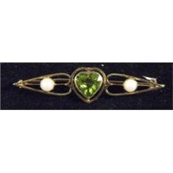 Gold heart shaped greenstone and pearl bar brooch