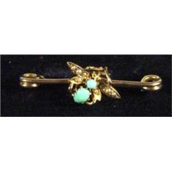 Gold fly bar brooch set with seed pearls and turquoise