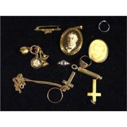 Small box of assorted gold jewellery including morning lockets, propelling pencil, bar brooches, etc