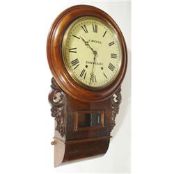 19th century mahogany cased chiming wall clock with visible pendulum, the dial painted 'J. Marsh, Sh