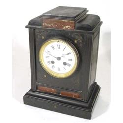 Victorian black slate and marble chiming mantelclock with enamel dial, 30cm in length