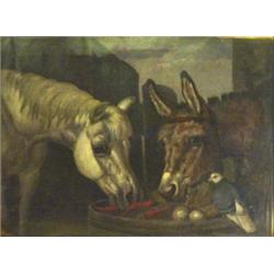 E.G. Kerling/79? - well detailed oil onto canvas 'Donkey and Horse Leading from a barrel with Dove L