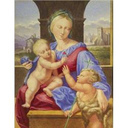 Well detailled watercolour of Virgin Mary with two children, landscape in the background 24 x 16cm