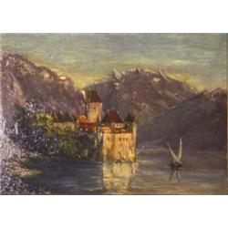 M Holmes ? pair of gilt framed oil onto board Swiss mountain scene, Lake Geneva and Tunnel Through T
