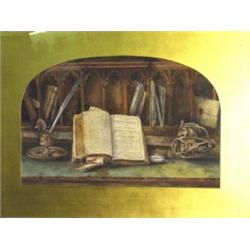 W.G. Kemp ? - well detailed watercolour 'Bible on a Bureau', no. 2 'The Book, The Pen and The Sword'