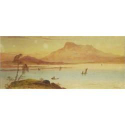 W H Earp pair of framed watercolours, lakes, boats and mountains 19cm x 43cm