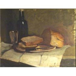 Indistinctly signed abstract oil on canvas 'Loaf of Bread, Glass and Beer Bottle', 44cm x 57cm