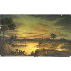 Victorian oil on board and panel of lake, countryside, hills and rowing boats, 28cm x 45cm