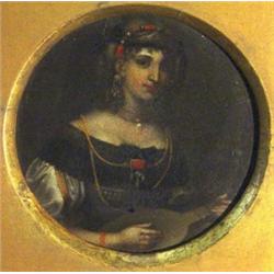 Circular oil onto board portrait of continental young girl playing mandolin 'Leopoldine' to reverse