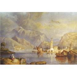 Unsigned watercolour 'Swiss Lake Scene with Mountains, Boats and Couple Picnicking', 32cm x 46cm