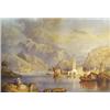 Image 1 : Unsigned watercolour 'Swiss Lake Scene with Mountains, Boats and Couple Picnicking', 32cm x 46cm