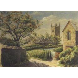 T. Sharples watercolour of a church, houses and lane 'Perranuthnoe, Cornwall', 27cm x 37cm