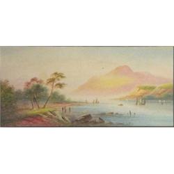 A Ramus pair of gilt framed watercolours, continental lake, boat and mountain scenes, 18cm x 39cm ea