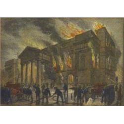 Framed coloured print 'The Burning of Covent Garden Theatre in 1856', 10cm x 14cm