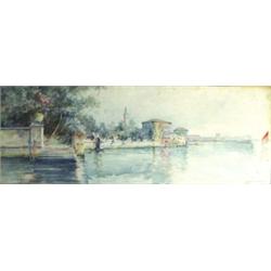 A Guaeinamy/93 ? - watercolour 'Continental Lake Scene With Riverside Houses', 59cm x 21cm