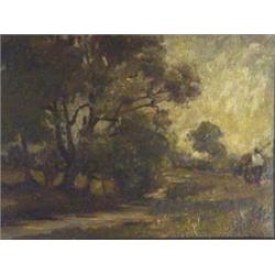 F. Alfred ???, abstract oil onto board of fishermen beside towpath, 24cm x 31cm