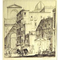 Geoffrey H. Wergood - black and white etching 'American Street Scene in the 1920s', 22cm x 20cm