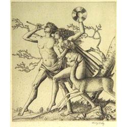 Harry Moley - black and white etching 'Pan and His Female Companion and a Deer', 17cm x 14cm
