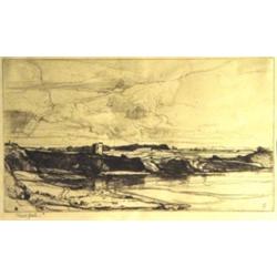 Oliver Hall - black and white etching 'Coastline and a Castle', 18cm x 30cm