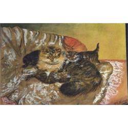 R.M.Westlake - unframed watercolour of kittens on cushions, 24cm x 35cm