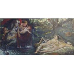 P Michils Cypriot artist, large framed contempory oil onto canvas of a nude couple and a mythical fi