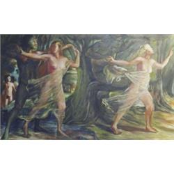 P Michils Cypriot artist, large framed contempory oil onto canvas of scantily clad women dancing wit