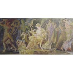 P Michils Cypriot artist, large framed contempory oil onto canvas of dancing scantily clad females,