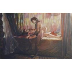 P Michils Cypriot artist, large framed contempory oil onto canvas of lovers in a bedroom, 180 x 120c
