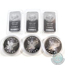Lot of Sunshine Fine Silver Bars & Rounds (Tax Exempt). You will receive 3x 1oz Rounds, and 3x 1oz B