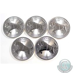 Set of 2016 Canada $5 Predator Series - Cougar Fine Silver Coins (Tax Exempt). 5pcs.