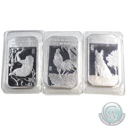 Lot of 3x Lunar 1oz. .999 Fine Silver Bars - 2016 Monkey, 2017 Rooster, and 2018 Dog (Tax Exempt). B