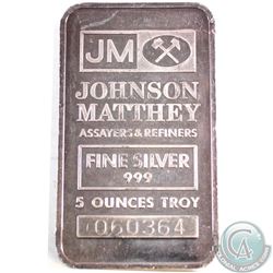 Vintage Johnson Matthey USA 5oz Fine Silver Bar with JM Logo (Tax Exempt). Serial # 060364