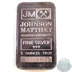 Vintage Johnson Matthey USA 5oz Fine Silver Bar with JM Logo (Tax Exempt). Serial # 062121