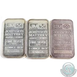 Lot of Vintage Johnson Matthey 1oz Fine Silver Bars 'JM Logo' (TAX Exempt). 3pcs