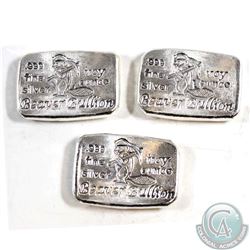 Lot of Beaver Bullion 1oz Fine Silver Bars (TAX Exempt). 3pcs.