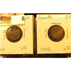 Lot of Canada Five Cents Silvers: 1902 & 1905 both grading VF.